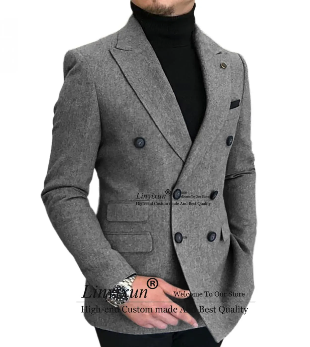 Abiti da uomo in tweed di moda Abiti da uomo con risvolto a picco Smoking da sposo da uomo sottile Blazer da 2 pezzi Giacca nera