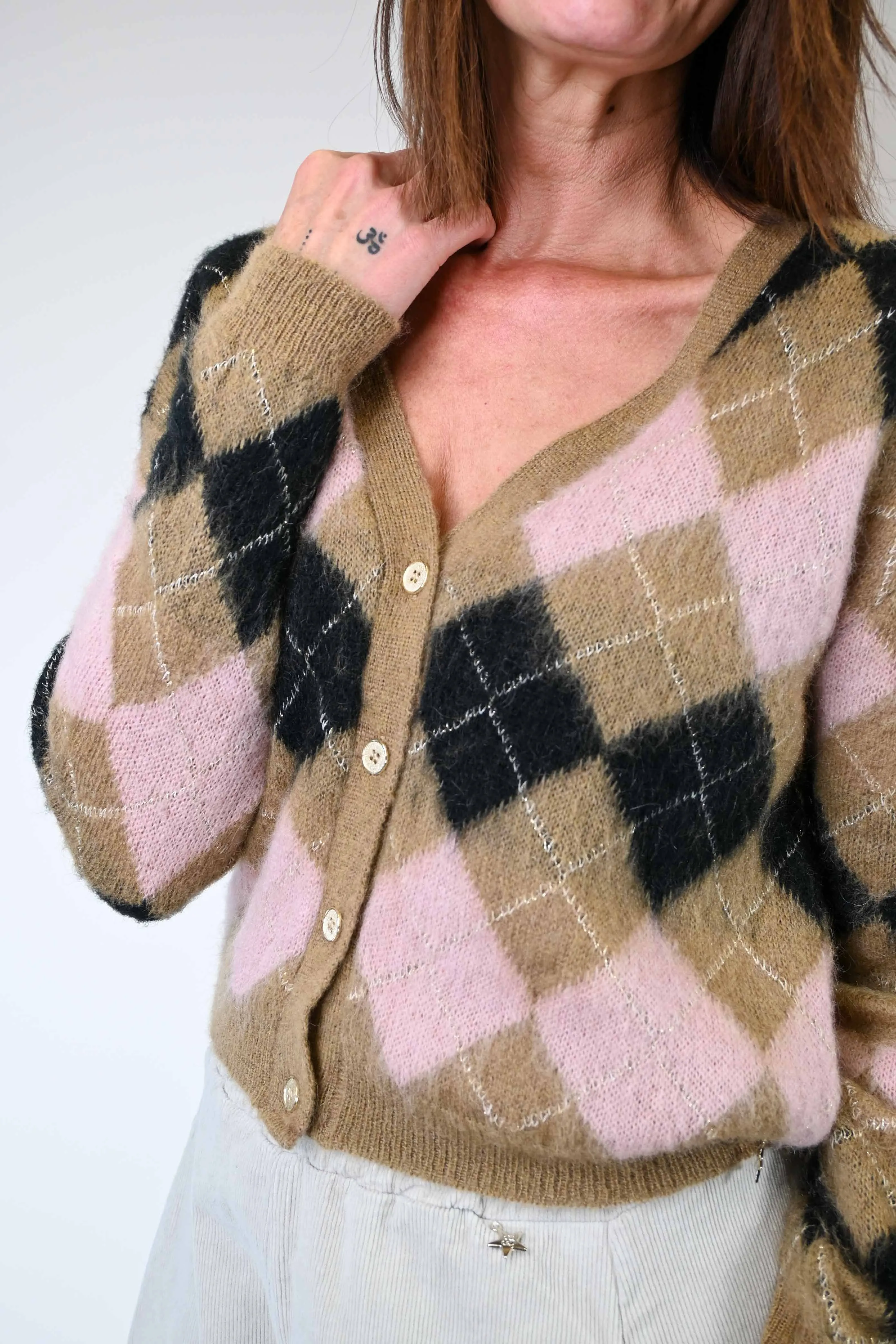 CARDIGAN A ROMBI CON FILO LUREX CAMMELLO