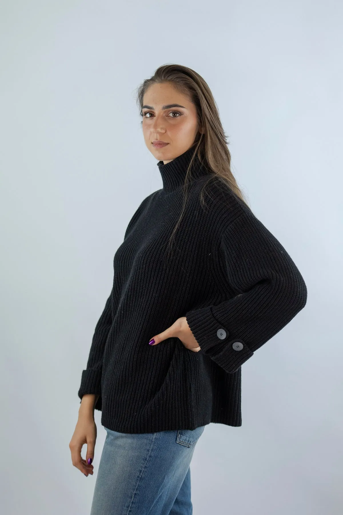 Elia Uomo Lupetto Elia Nero con bottoni misto cashmere taglia unica made in italy  
