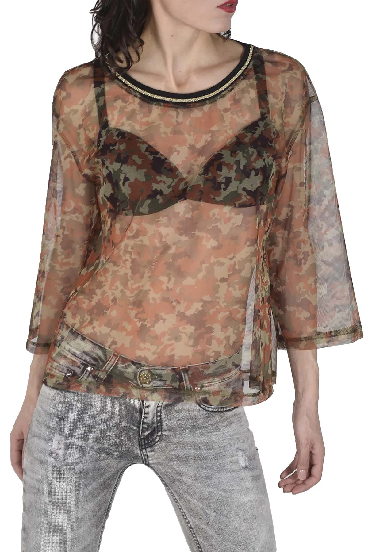 Sexy Woman blusa militare trasparente   