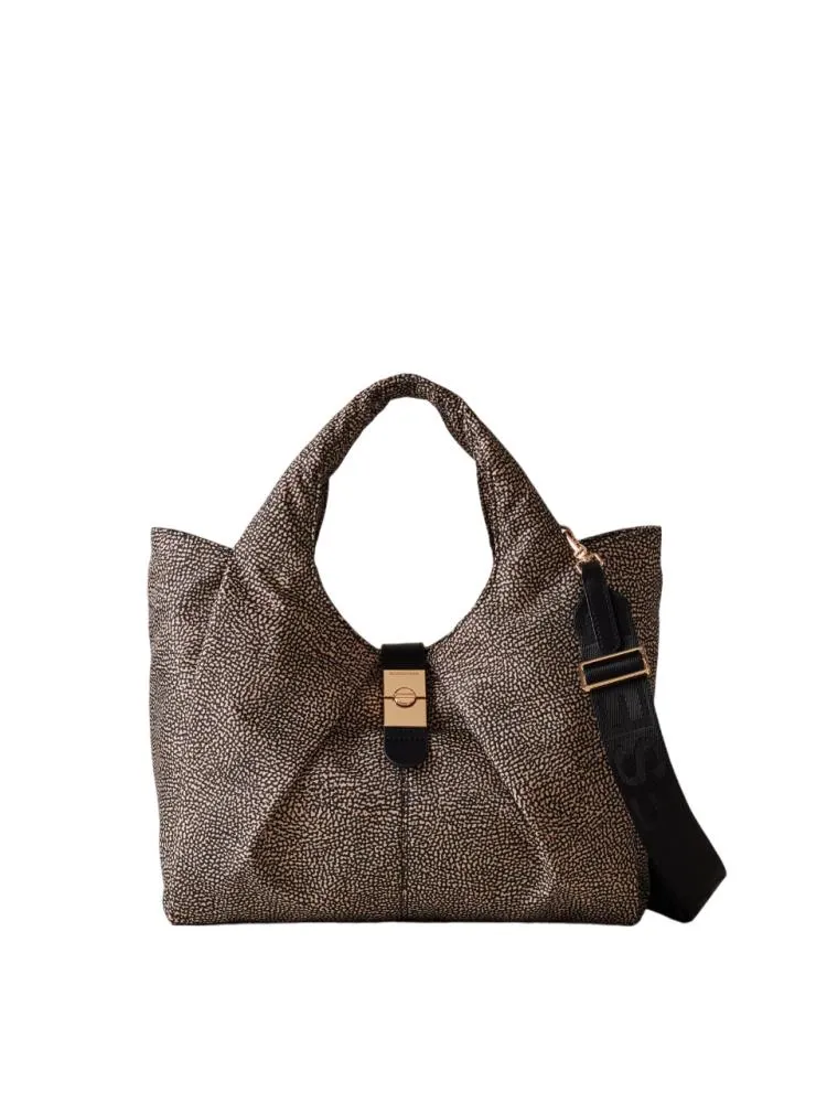 SHOPPING BORBONESE CORTINA MEDIUM DI TESSUTO RECICLATO OP E PELLE 923934 I15 X11 OP NATURALE/NERO