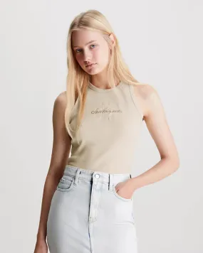 T-shirt senza maniche in cotone stretch a costine beige lavaggio chiaro con scritta logo ricamata