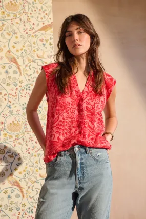 Top stampato in Blend di lino con bottoni