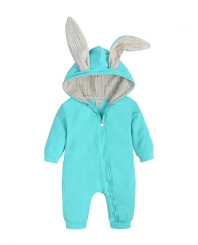 Tuta intera con cappuccio e zip in tinta unita per bambini con grandi orecchie di coniglio