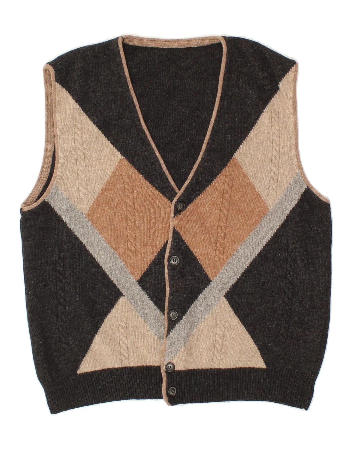 VINTAGE Mens Sleeveless Cardigan Sweater Large Grey Argyle/Diamond