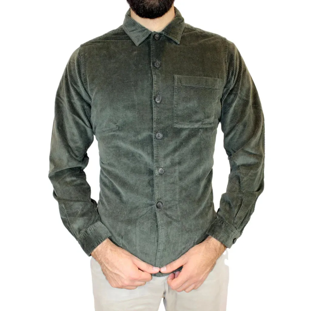 XACUS Camicia Xacus in velluto verde militare da uomo a costine larghe